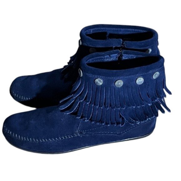 Minnetonka Navy Blue Suede Leather Fringe Ankle Boots Moccasins Size 8.5 - Picture 3 of 10